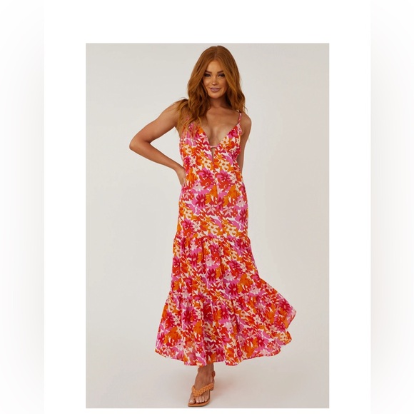 She+Sky Floral Deep V Maxi Dress S Straps Summer Sundress Tangerine & Fuchsia - Picture 5 of 16